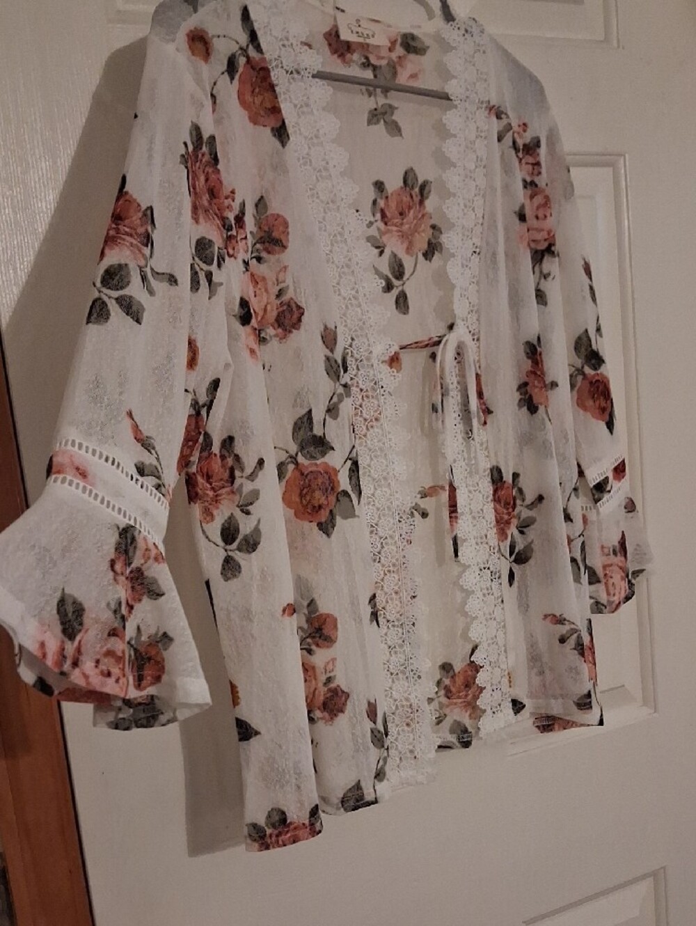 Floral Lace-Trim Open Front Kimono - White with Pink Rose Print